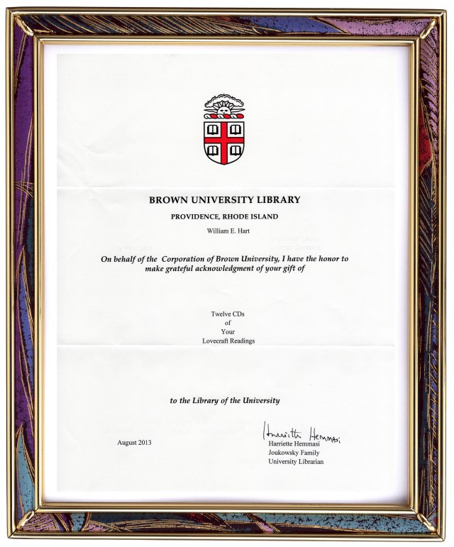 Brown University Lovecraft CD's Acknowledgment Received 08-Nov-2013